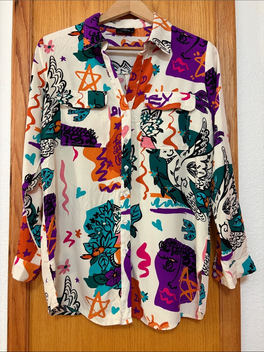 Milk & Honey Cream Button-Up Shirt with Bold Teal, Purple & Orange Print Artsy